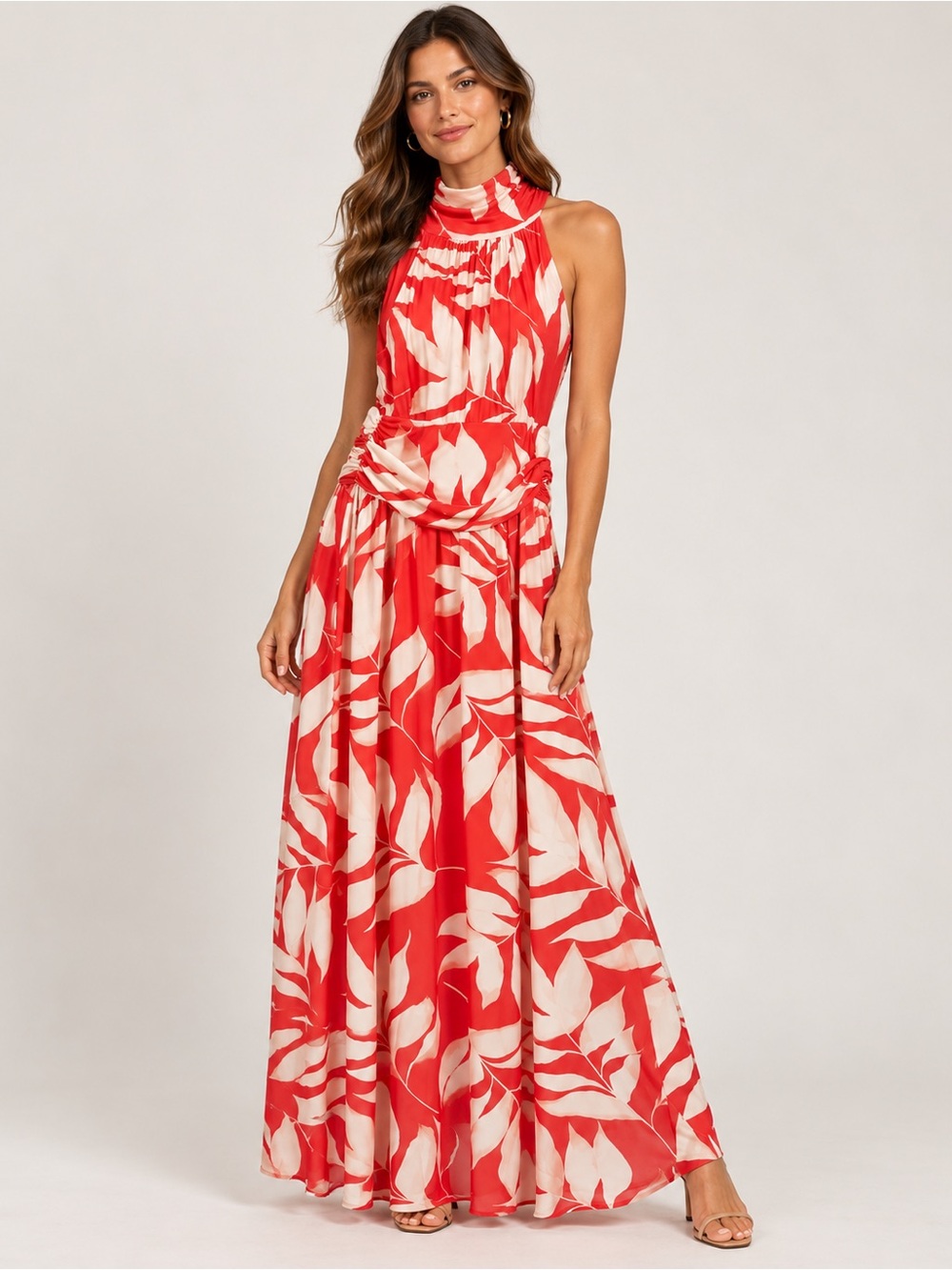Eliza J Red and Cream Leaf-Print Halter Maxi Dress